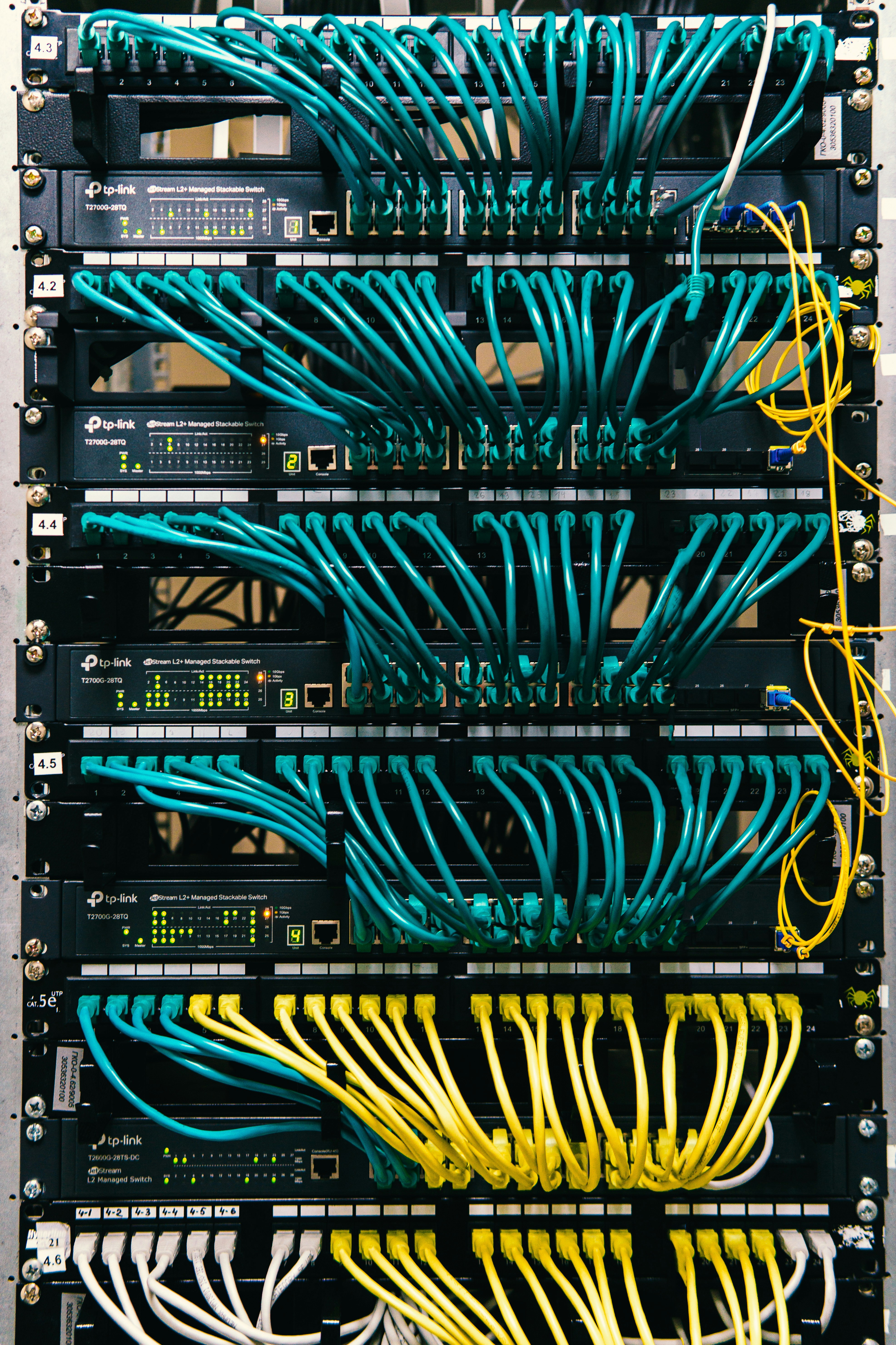 Close-up of a structured cabling installation in a server rack